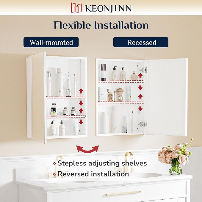 Keonjinn 48x26 Inch White Bathroom Medicine Cabinets Mirror, Tempered Glass | Assembly Required, Lightweight Aluminum Frame, Adjustable Shelves, Surface Mount or Recessed, HD Tempered Glass, Soft Close