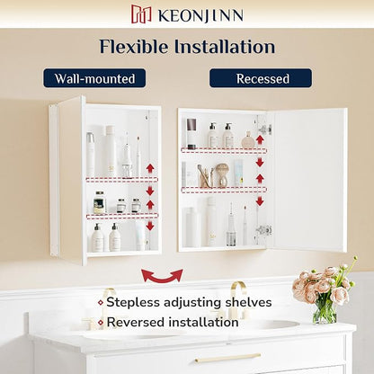 Keonjinn 48x26 Inch White Bathroom Medicine Cabinets Mirror, Tempered Glass | Assembly Required, Lightweight Aluminum Frame, Adjustable Shelves, Surface Mount or Recessed, HD Tempered Glass, Soft Close