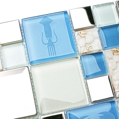 Blue Sea Glass Tile Backsplash Beach Style Mosaic Tiles Real Seashell Inside (Pack of 5 Sheets)