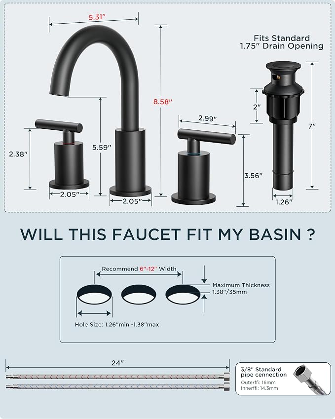 FORIOUS Widespread Black Bathroom Faucets 3 Hole, Matte Black Vanity Faucet | 2 Handle Black Vanity Faucet 3 Holes, 8 Inch bathroom Sink Faucet Black with 360° Rotating Spout, Pop Drain and Supply Line