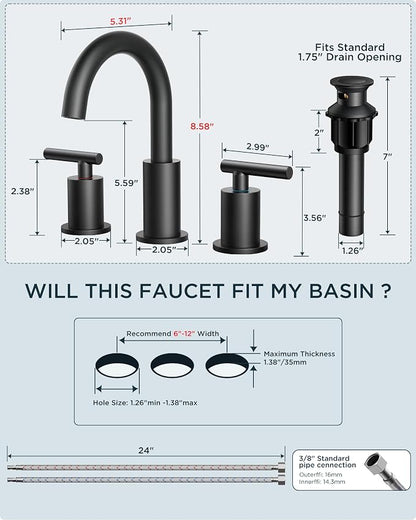 FORIOUS Widespread Black Bathroom Faucets 3 Hole, Matte Black Vanity Faucet | 2 Handle Black Vanity Faucet 3 Holes, 8 Inch bathroom Sink Faucet Black with 360° Rotating Spout, Pop Drain and Supply Line