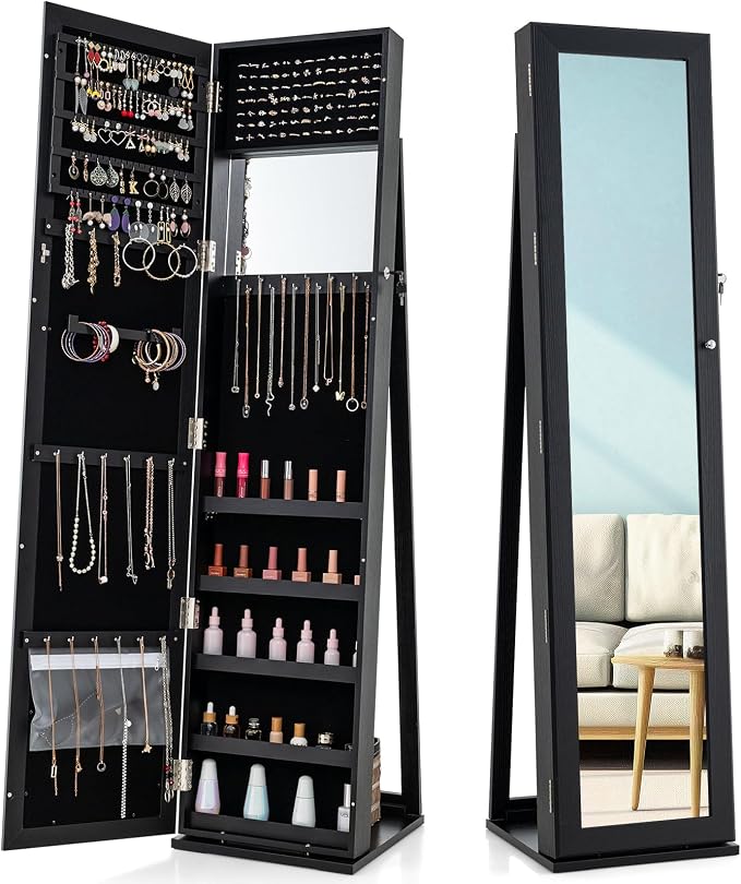 CHARMAID Jewelry Armoire Cabinet with 62" Tall Full Length Mirror, Lockable Standing Jewelry Organizer with Large Storage Capacity, Inside Makeup Mirror, Stable Base, Easy Assembly (Black)