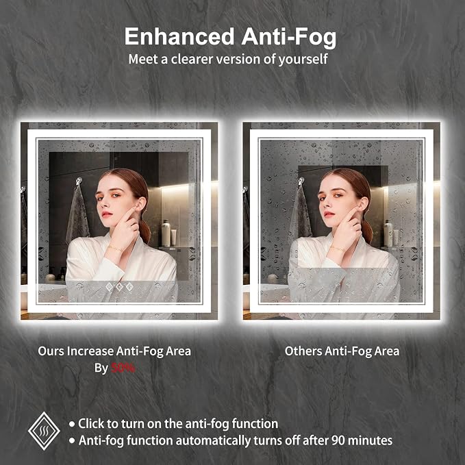 LED Bathroom Mirror, 32x32 Inch Gradient Front and Backlight Lighted Vanity Mirror, 3 Colors Dimmable CRI>90 Double Lights, IP54 Enhanced Anti-Fog, Hanging Plates Wall Mount Bathroom Mirror