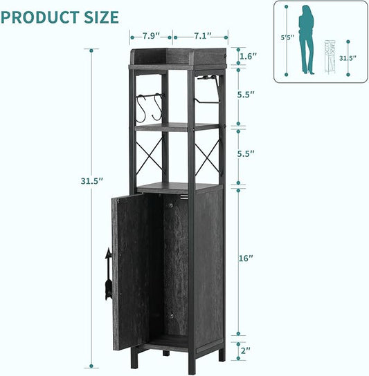 VECELO Small Bathroom Storage Cabinet, Slim Toilet Paper Holder with Shelves & Metal Racks, Organizer Cabinet for Narrow Spaces, Iron Gray, Farmhouse Style