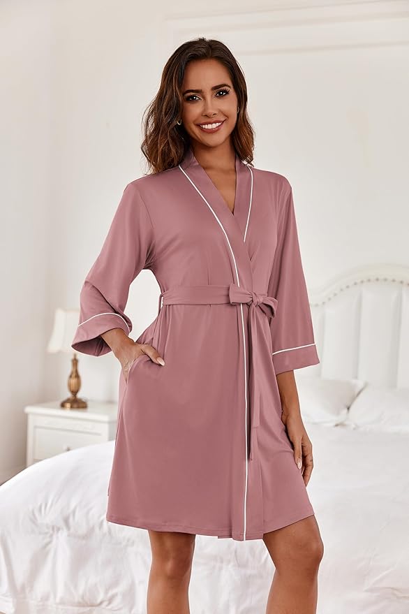 Ekouaer Women Kimono Robes Knee Length Knit Bathrobe Lightweight Soft Sleepwear V-neck Casual Ladies Loungewear