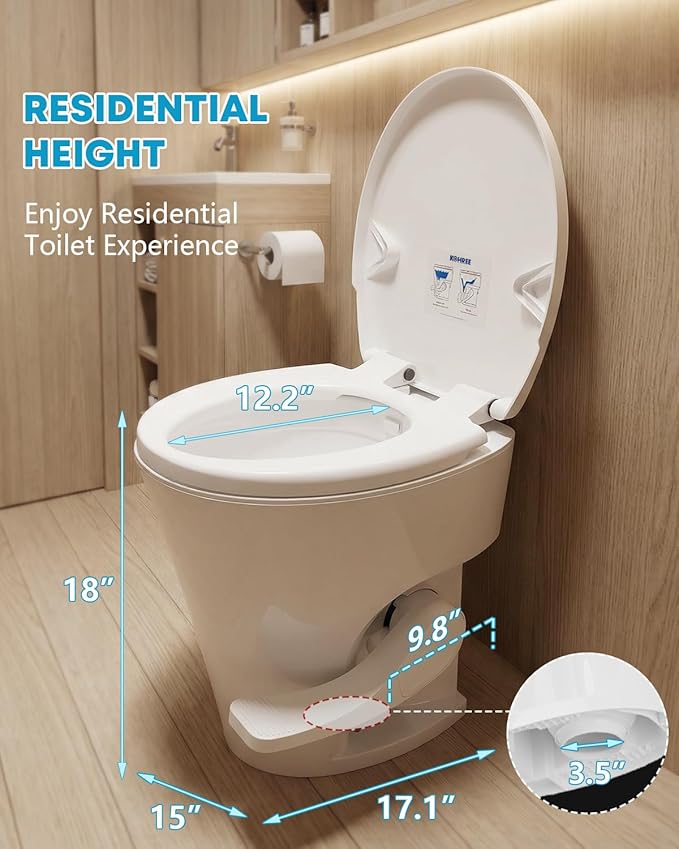 Kohree RV Toilet, 18.5” Residential Height, Soft Close Seat & Cover, Deeper Bowl & Longer Seat, Efficient Gravity Flush System, Foot Pedal Operation, Universal Fit for RV Motorhomes Campers, White
