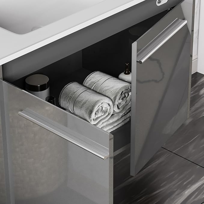 AMERLIFE 31" LED Floating Bathroom Vanity with Single Sink, Modern High Gloss Wall Mounted Bathroom Storage Cabinet with Metal Handles, Gray