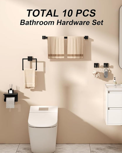 10-Piece Square Bathroom Hardware Set 24" Towel Bar X2, Toilet Paper Holders with Shelves X2, Towel Hooks X4, 2X Towel Rings X2 Bathroom Accessories (Matte Black-24inch)