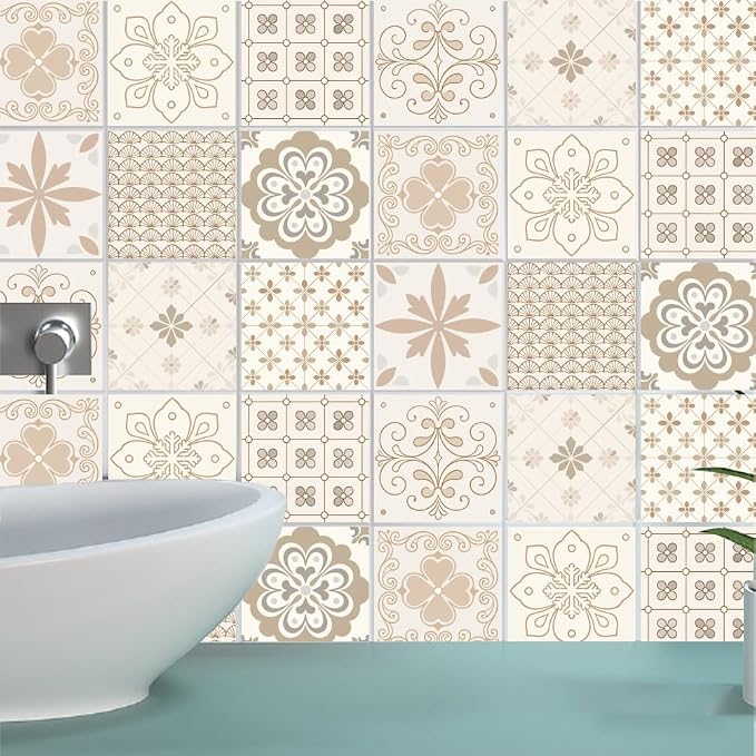 36Pcs 9 Styles Floral Tile Sticker 4 x 4 Inch Bohemian Peel and Stick Tile Square Flower Pattern Beige Waterproof PVC Decals for Kitchen Bathroom Backsplash Furniture Floor DIY Home Decor