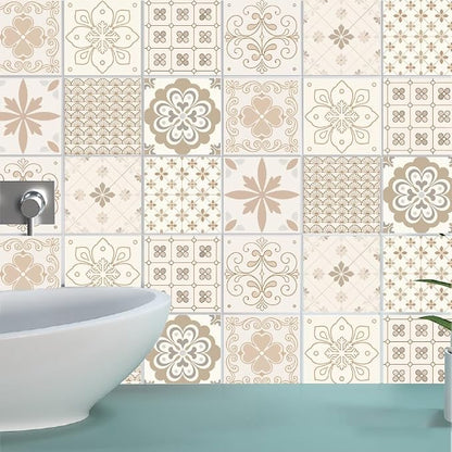 36Pcs 9 Styles Floral Tile Sticker 4 x 4 Inch Bohemian Peel and Stick Tile Square Flower Pattern Beige Waterproof PVC Decals for Kitchen Bathroom Backsplash Furniture Floor DIY Home Decor