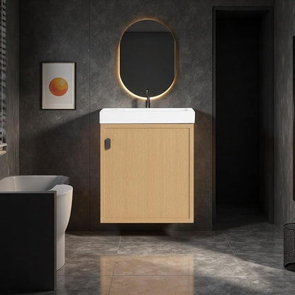 18.5" Bathroom Vanity with Resin Sink, Modern Wall-Mounted Floating Bathroom Vanity with Soft Closed Single Door for Home, Undermount Storage Cabinet, Easy to Clean, Natural Wood