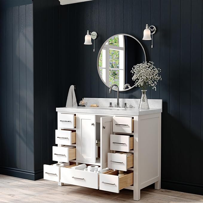 ARIEL Cambridge 42-inch Bathroom Vanity with Sink,Solid Wood, 1.5-inch Italian Carrara Marble Countertop & Backsplash, Single Oval Porcelain Sink, 2 Soft Closing Doors, 9 Dovetail Drawers, White