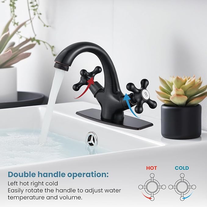 gotonovo Bathroom Sink Faucet Single Hole Double Cross Handle Knobs Lavatory Vessel Sink Mixer Tap Bathroom Faucet with Pop up Drain and Deck Cover Plate Oil Rubbed Bronze