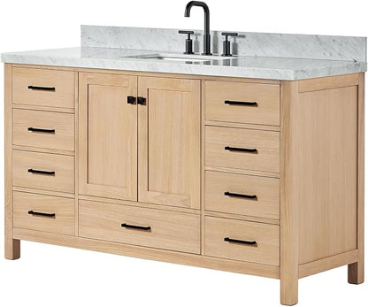 ARIEL Cambridge 60-inch Bathroom Vanity with Sink,Solid Wood, 1.5-inch Italian Carrara Marble Countertop, Single Rectangular Porcelain Sink, 2 Soft Closing Doors, 9 Dovetail Drawers, White Oak