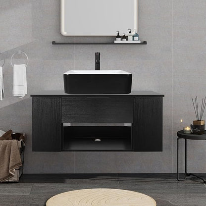36 Inch Black Floating Bathroom Vanity with 2-Doors and 1-Drawer, Modern Wall Mounted Cabinet with Square Black and White Ceramic Vessel Sink