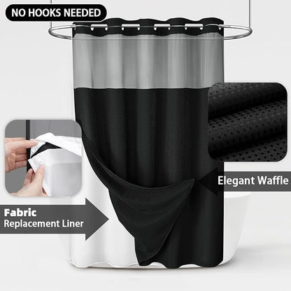No Hook Shower Curtain with Liner Set Hotel Waffle Curtain Black 48W X 75L | Washable Snap in Fabric Liner, Mesh Top Window, Waffle Hotel Style Shower Curtain Set