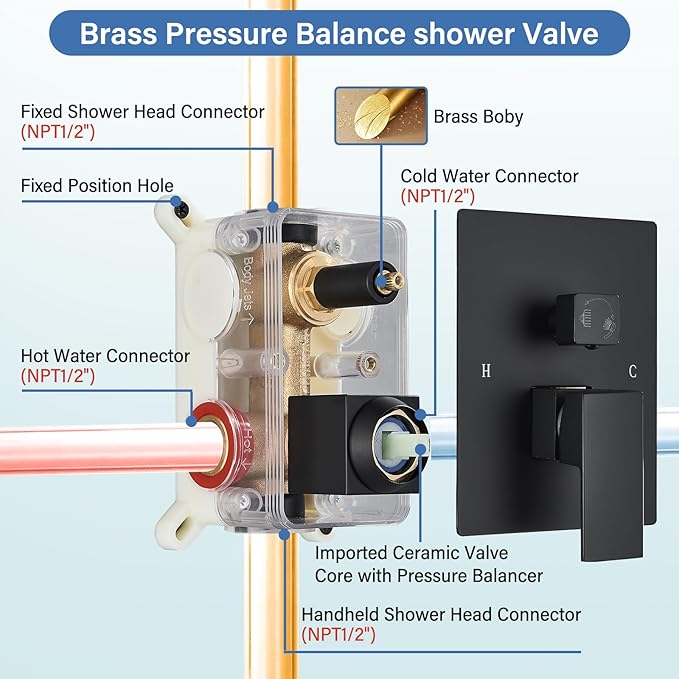 12 Inches Ceiling Mount Shower Faucets Sets Complete Shower System LED Rainfall Shower Head System Rough-in Valve Body and Trim Included Matte Black…
