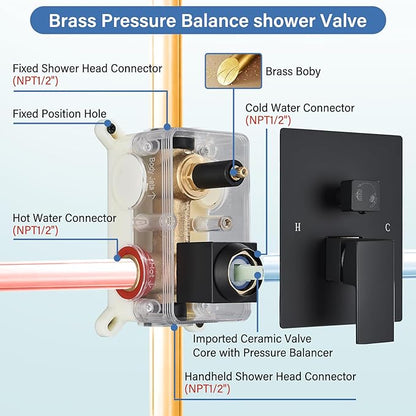12 Inches Ceiling Mount Shower Faucets Sets Complete Shower System LED Rainfall Shower Head System Rough-in Valve Body and Trim Included Matte Black…