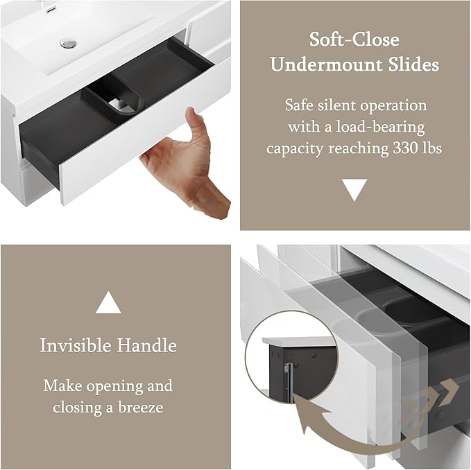Floating Bathroom Vanity with Double Sinks, 72" Wall-Mounted Bathroom Storage Vanity Cabinet with Resin Top Basin and Soft Close Drawers, No Assembly Required, Glossy White