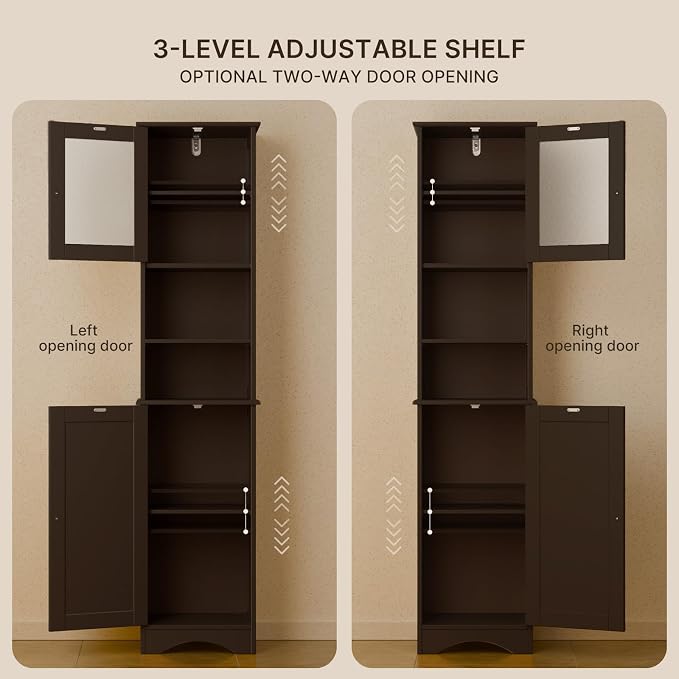 Gizoon Tall Bathroom Storage Cabinet | Freestanding Linen Cabinet with Two-Way Doors, Adjustable Shelves, for Home, Kitchen, Living Room, Dark Brown