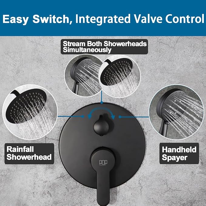 Matte Black Shower Faucet Set, 8 Inch Rainfall Shower Head and Handle Set, Bathroom Rain Shower System, Wall Mounted Shower Fixtures, Include Shower Valve and Trim Kit