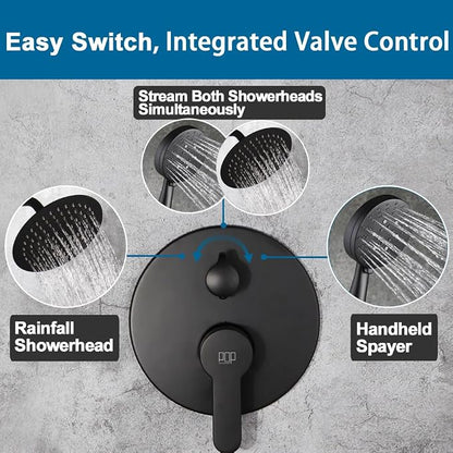 Matte Black Shower Faucet Set, 8 Inch Rainfall Shower Head and Handle Set, Bathroom Rain Shower System, Wall Mounted Shower Fixtures, Include Shower Valve and Trim Kit