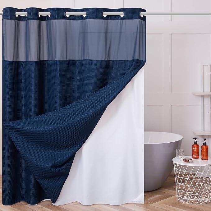 No Hook Waffle Weave Shower Curtain with Snap in Fabric Liner Set,Heavy Duty Textured Bathroom Curtain with See Through Window,Waterproof & Machine Washable,Navy Blue,Stall 36x72 Inch