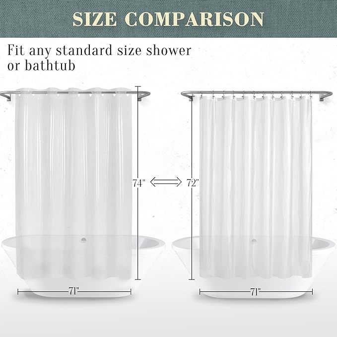 No Hook PEVA Shower Curtain or Liner, Standard Size 71 x 74, Clear | 8G Heavy Duty, Clear Bathroom Shower Curtain, No Hooks Required, Waterproof Plastic & PVC Free