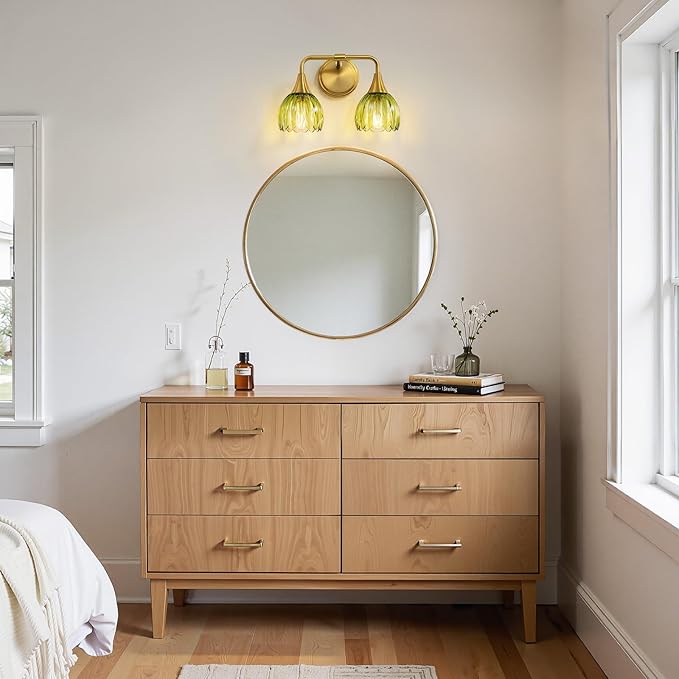 Bathroom Vanity Light Fixtures: 2-Lights Vintage Bathroom Lights Over Mirror with Ribbed Green Tulip Glass Shade - 14 inch Brushed Gold Wall Sconce Bath Lighting