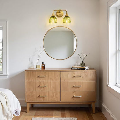 Bathroom Vanity Light Fixtures: 2-Lights Vintage Bathroom Lights Over Mirror with Ribbed Green Tulip Glass Shade - 14 inch Brushed Gold Wall Sconce Bath Lighting
