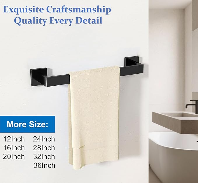 Towel Bar for Bathroom 16 Inch Matte Black Towel Holder 12/16/20/24/28/32/36 Inch Stainless Steel SUS304 Rustproof Towel Rack Modern Square Towel Rod for Bathroom Wall (1, Matte Black, 16 Inch)