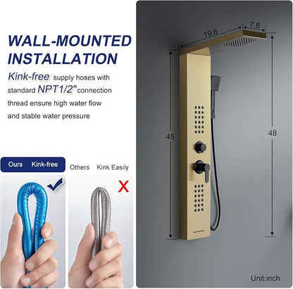 4 in 1 Rainfall Shower Panel Tower with Powerful Body Jets, Gold | High Pressure Stainless Steel Shower Column with Flexible Handheld, Waterfall Tub Spout, Adjustable Waterflow