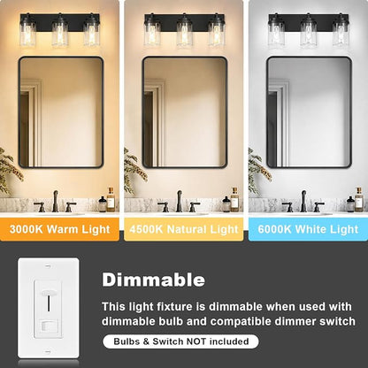 3-Light Bathroom Light Fixtures, Matte Black Vanity Lights | Modern Bathroom Lighting Fixtures Over Mirror, Vanity Lights for Bathroom, Mirror, Restroom, Bedroom, E26
