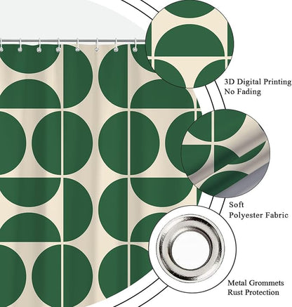 Green Mid Century Modern Shower Curtain, Boho Abstract Geometric Retro Art Bath Curtains for Bathroom, Colorful Unique Pattern Waterproof Polyester Fabric Bathroom Set 12 Hooks 72X72IN