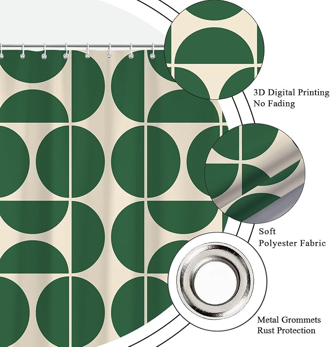 Green Mid Century Modern Shower Curtain, Boho Abstract Geometric Retro Art Bath Curtains for Bathroom, Colorful Unique Pattern Waterproof Polyester Fabric Bathroom Set 12 Hooks 60X72IN