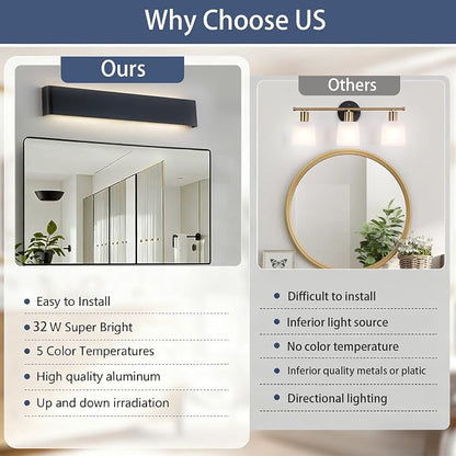 2 Pack 32.6in LED Bathroom Vanity Light, 32W Hardwired Fixture | 5 CCT Adjustable 3000K-6500K. Modern Black Wall Mounted Bathroom Light Fixture. Vanity Lights for Bathroom Over Mirror.
