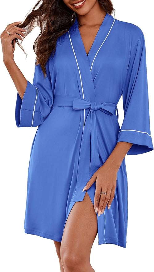 Ekouaer Women Kimono Robes Knee Length Knit Bathrobe Lightweight Soft Sleepwear V-neck Casual Ladies Loungewear