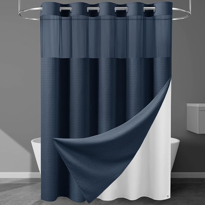 Heavyweight Waffle No Hook Shower Curtain with Liner, Navy Blue, 71x74 | Snap in Liner, 256GSM, Thick, Hotel Luxury Spa, Waterproof Fabric, Corner Magnets, 3 in 1 Set, Washable, Hang in Seconds