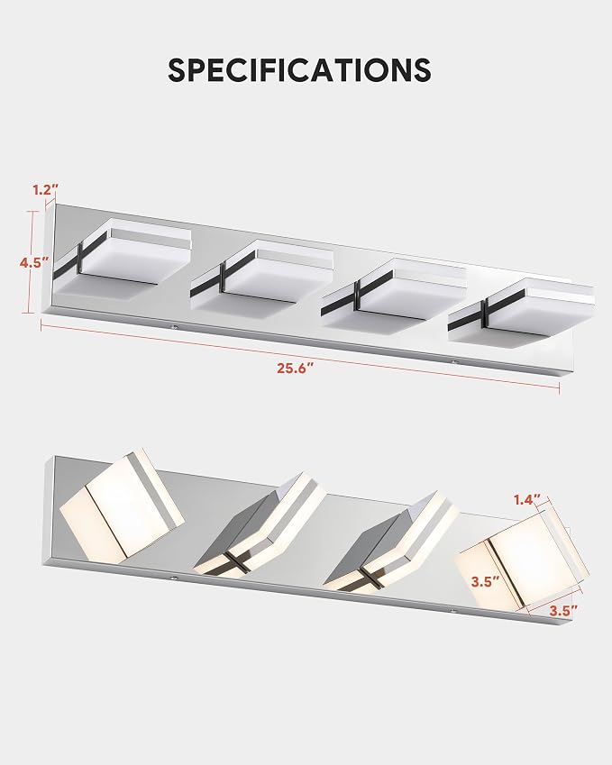 VONLUCE LED Modern Bathroom Vanity Light Fixture, Chrome | 26'', 4-Light, 3CCT, 360° Rotate, High CRI, Flicker-free, Dimmable, Memory Function, Waterproof IP44, Easy Installation