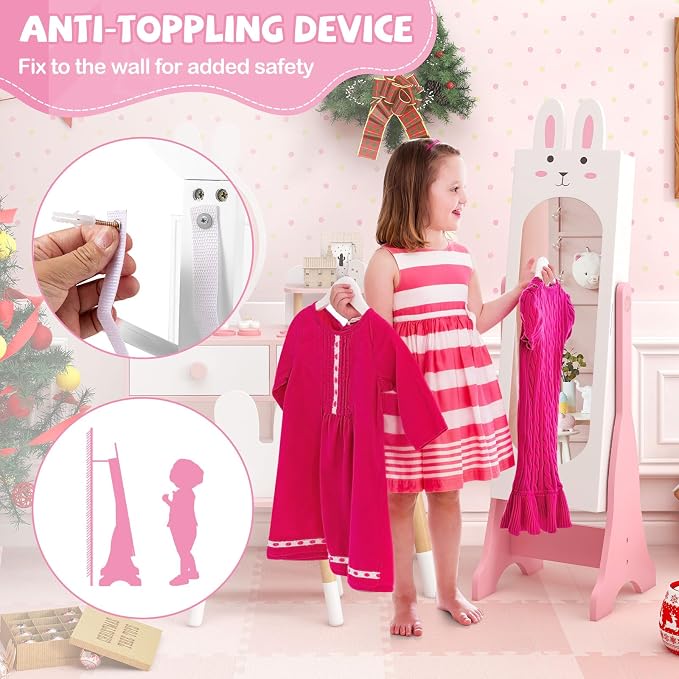 HONEY JOY Kids Jewelry Armoire Cabinet, Rabbit Themed Wooden Standing Jewelry Organizer w/Full-length Mirror and Storage Drawers, Children Dress Up Jewelry Cabinet for Little Girls (White)