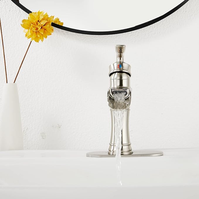 Waterfall Bathroom Faucet Brushed Nickel GGStudy Single Handle One Hole Farmhouse Bathroom Vanity Faucet Basin Mixter Tap Deck Mount with Drain Assembly