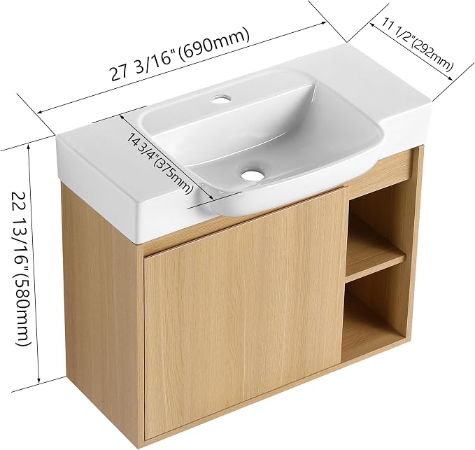 28" Bathroom Vanity with Sink, Wall-Mounted Cabinet, Light Oak | Ceramic Sink, Soft-Close Door & 2 Open Storage Shelves, Modern Farmhouse Sink Cabinet, Easy to Clean for Small Bathroom
