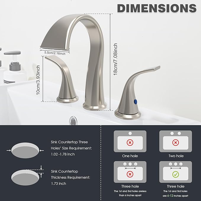 Bathroom Faucets 3 Hole Bathroom Sink Faucet with Pop Up Drain and Water Supply Hoses 8 Inch Waterfall Bathroom Faucet Two Handles for Vanity,Lavatory,Restroom,Commercial,Brushed Nickel