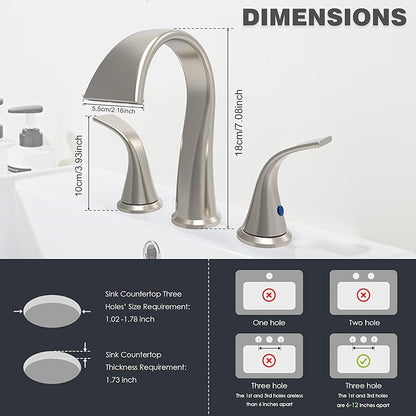 Bathroom Faucets 3 Hole Bathroom Sink Faucet with Pop Up Drain and Water Supply Hoses 8 Inch Waterfall Bathroom Faucet Two Handles for Vanity,Lavatory,Restroom,Commercial,Brushed Nickel