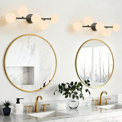 Black Bathroom Vanity Light Fixture,5 Lights Mid Century Modern Wall Sconce | Modern Milk White Glass Globe Makeup Wall Sconce Lighting,Matte Black Minimalist Bathroom Vanity Light over Mirror,G9 Base