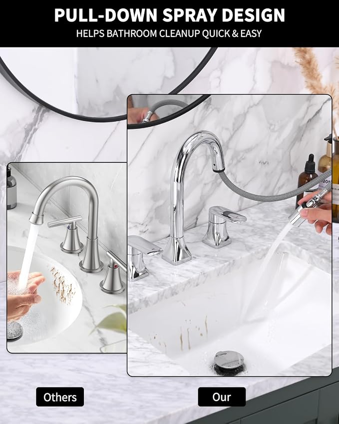 Bathroom Faucet 3 Hole with Pull Out Sprayer, 8 Inch Widespread Bathroom Faucet, Magnetic Pull Out Faucet for Easy to Use, Chrome (with Pop-up Drain)