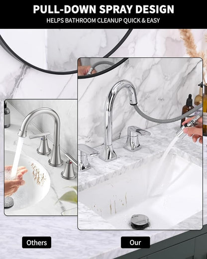 Bathroom Faucet 3 Hole with Pull Out Sprayer, 8 Inch Widespread Bathroom Faucet, Magnetic Pull Out Faucet for Easy to Use, Chrome (with Pop-up Drain)