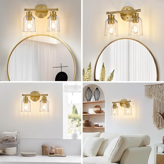 Bathroom Light Fixtures Over Mirror, 2 Lights Vanity Lights with Clear Glass Shade, 12.1" Gold Farmhouse Bathroom Wall Light Fixtures for Bedroom, Porch, Hotel, Mirror Cabinet