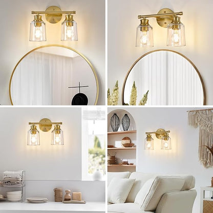 Bathroom Light Fixtures Over Mirror, 2 Lights Vanity Lights with Clear Glass Shade, 12.1" Gold Farmhouse Bathroom Wall Light Fixtures for Bedroom, Porch, Hotel, Mirror Cabinet