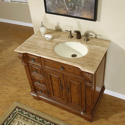 HYP-0904-T-UIC-38-R Travertine Top Off Center Single Right Side Sink Bathroom Vanity with Cabinet, 38"